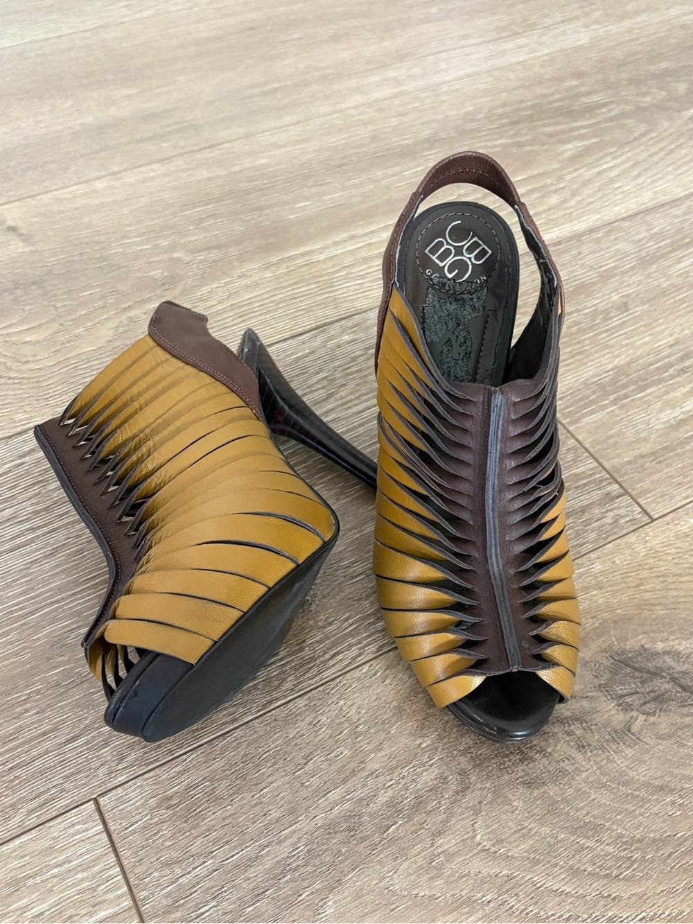 BCBGeneration Mustard Yellow and Brown Cutout Peep-Toe Slingback Heels - Picture 4 of 12